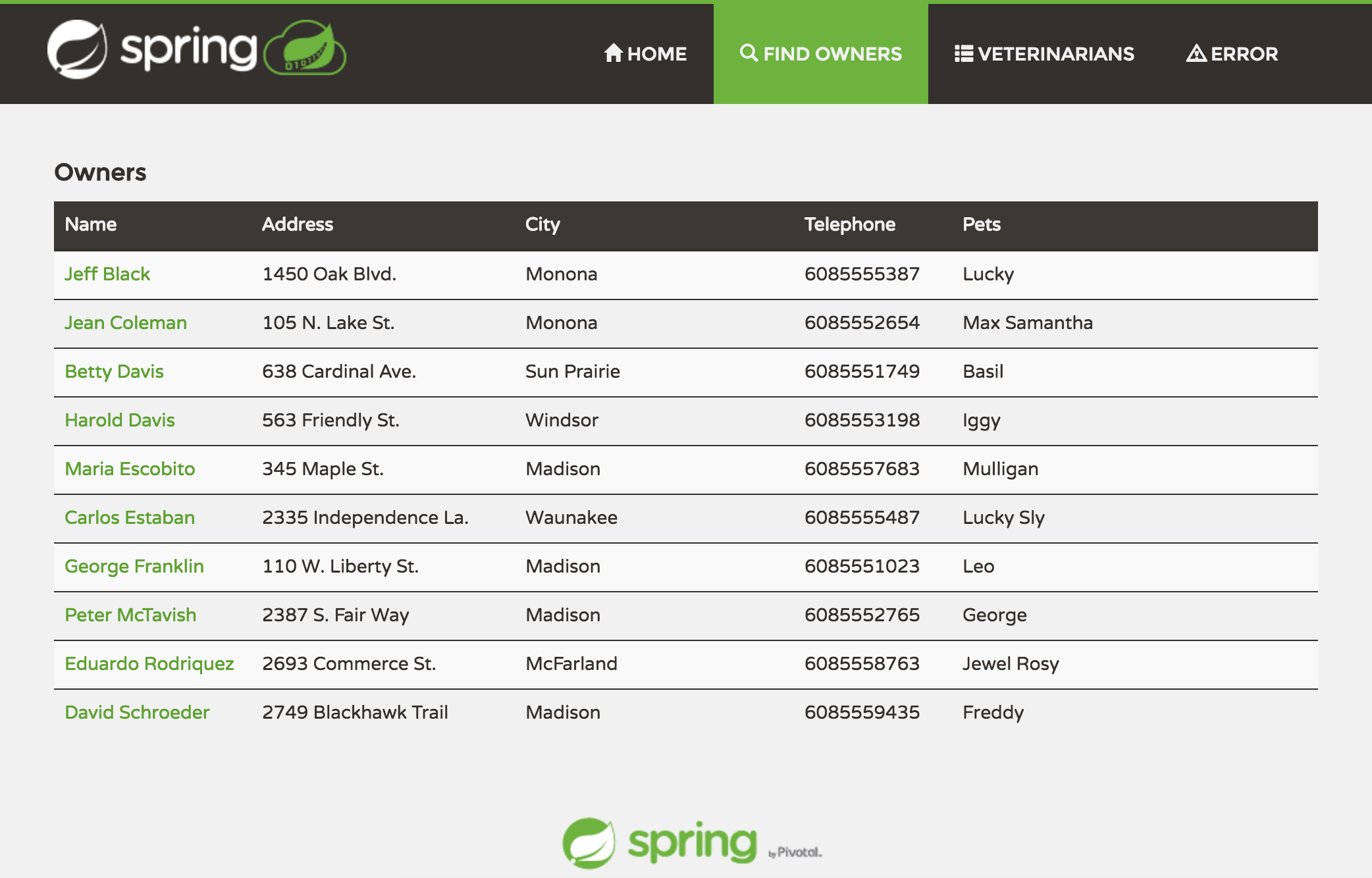 Screenshot de l&amp;rsquo;application Spring Petclinic