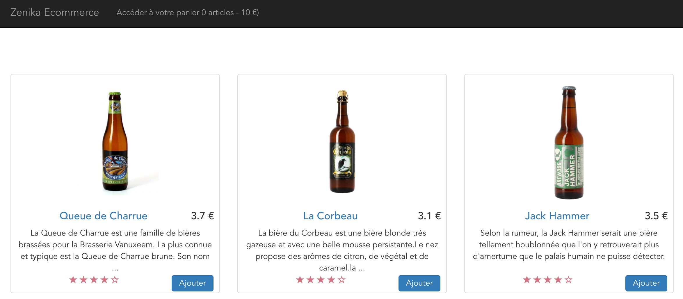 Capture d&amp;rsquo;écran de l&amp;rsquo;application Zenika Ecommerce de vente de bières en Vue.js
