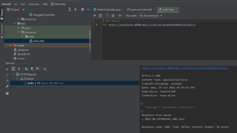 Fichier hello.http généré par TestOpenApiContributor pour tester l&amp;rsquo;API REST depuis IntelliJ