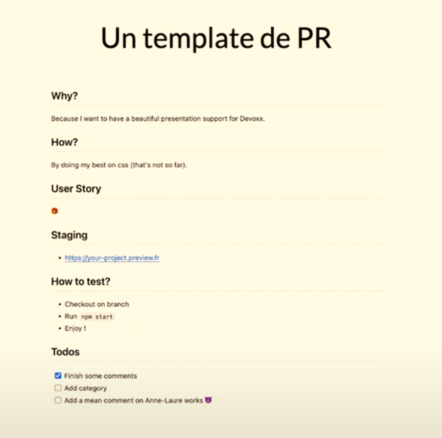 Template de Pull Request avec les 5 questions essentielles (Five W&amp;rsquo;s)