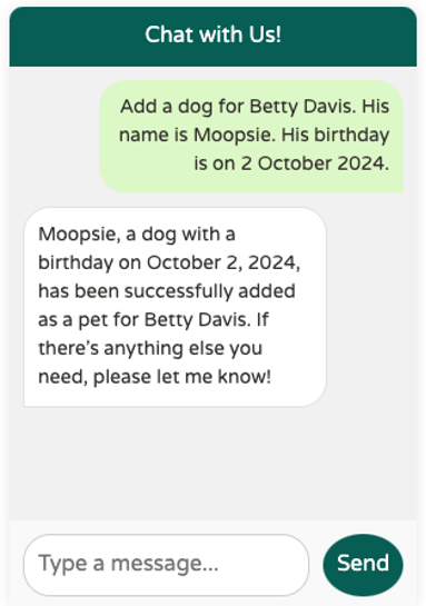 Demande au chatbot d&amp;rsquo;ajouter Moopsie, chien de Betty Davis
