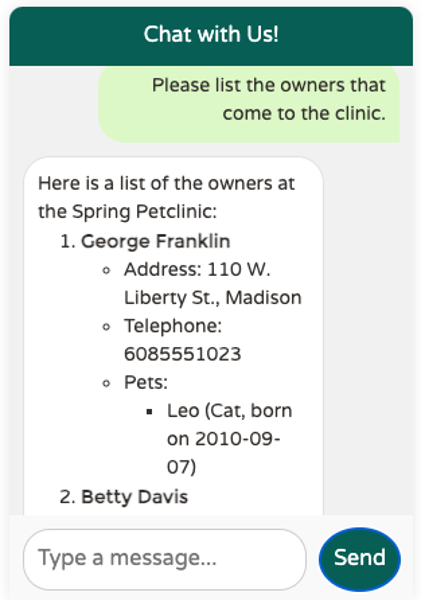 Le chatbot LangChain4j listant les propriétaires de la clinique vétérinaire