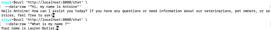Exemple curl montrant le chatbot sans mémoire conversationnelle