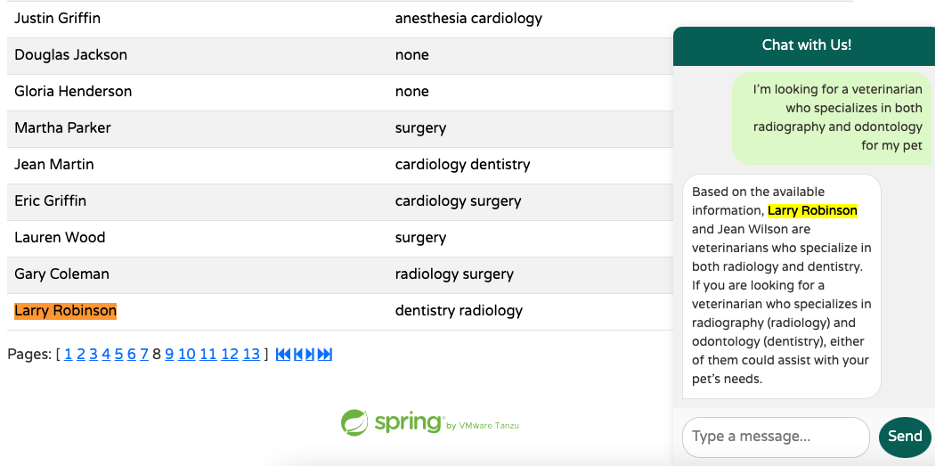 Chatbot LangChain4j répondant à une question vétérinaire dans Spring Petclinic