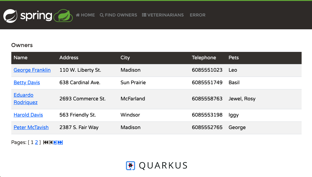 Comparaison des changements entre Spring Boot et Quarkus pour Spring Petclinic sur GitHub