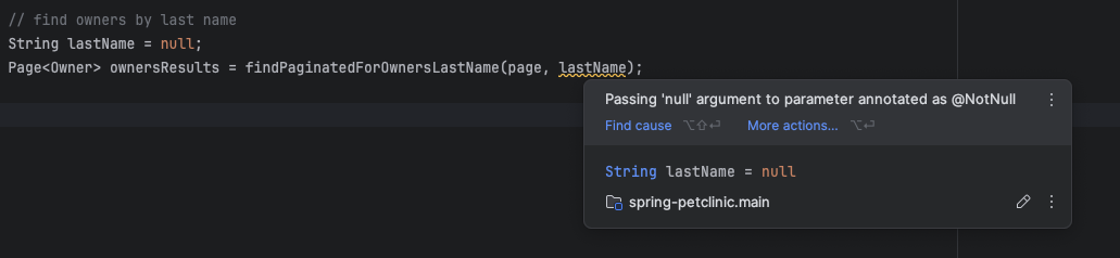 Avertissements de nullabilité JSpecify dans IntelliJ IDEA sur Spring Petclinic