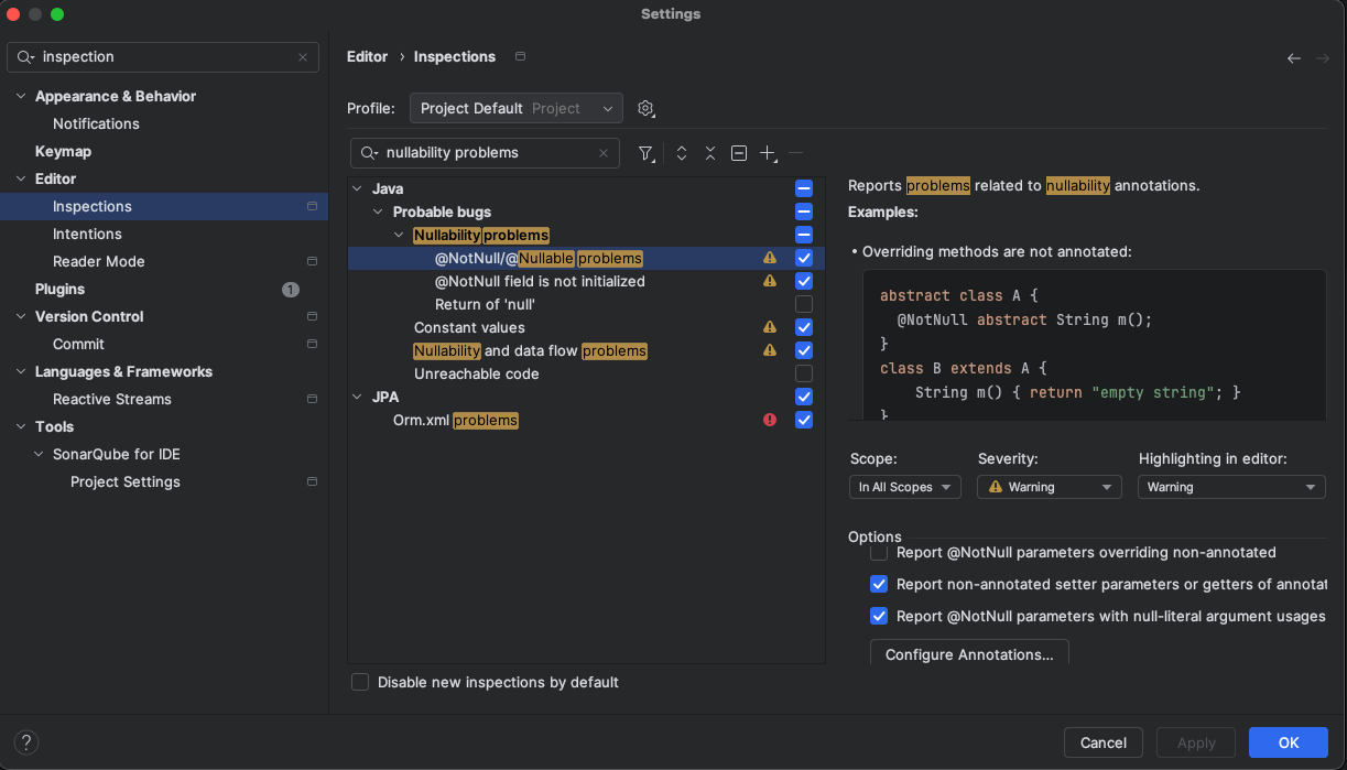 Activation des inspections Nullability problems dans les paramètres IntelliJ IDEA
