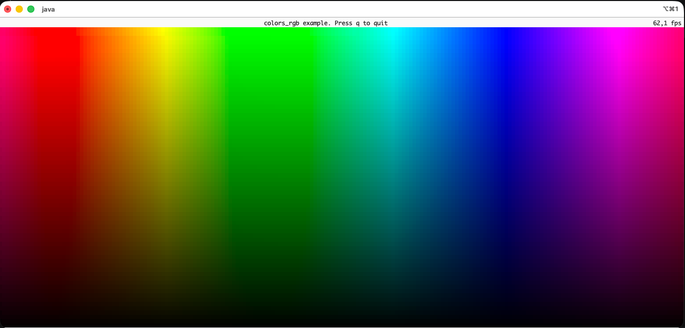 Démo colors_rgb tournant à 62 fps dans le terminal