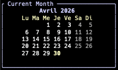 Widget calendrier mensuel Avril 2026