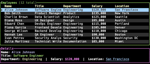 Widget tableau affichant une liste d&amp;rsquo;employés avec sélection et panneau de détail