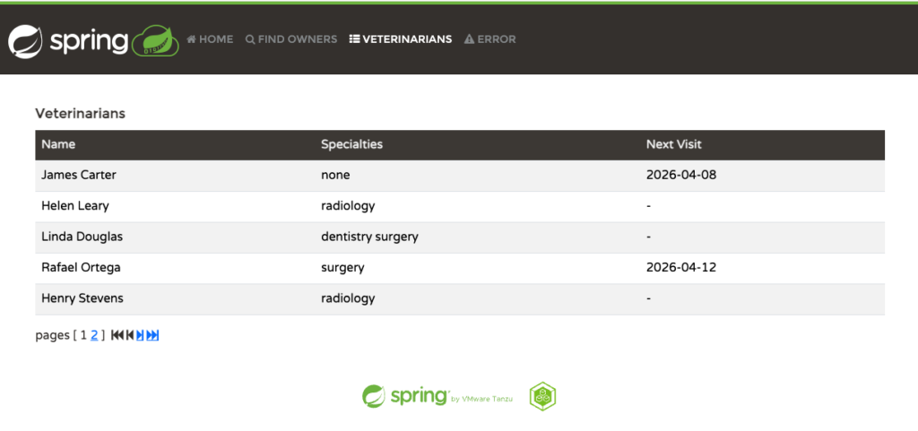 Screenshot of the Veterinarians menu of the Spring Modulith version of Spring Petclinic